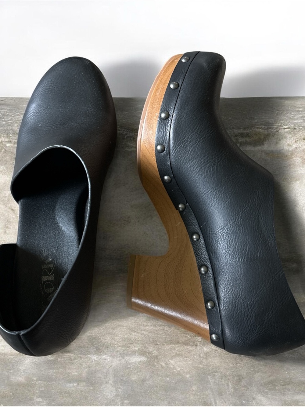 Kork-Ease Black Leather Studded Wooden Platform Clogs
